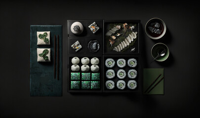  a box of sushi with chopsticks, chopsticks, and saucers on a table top with a black background and a black background.  generative ai