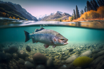 Salmon swims in a mountain river among the highlands, split view with waterline. Generative AI