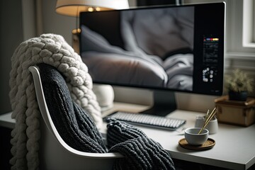 Poster - Detail of a comfortable home office desk with a computer and lamp, a soft chair covered in a nice blanket, and headphones positioned over the display. Unidentified objects. Generative AI