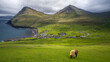 Panorama von Gjógv, einem kleinen Dorf auf der Insel Eysturoy. Die Färör Inseln sind immer grün und häufig bewölkt. Die Wiesen werden für Schafzucht genutzt.