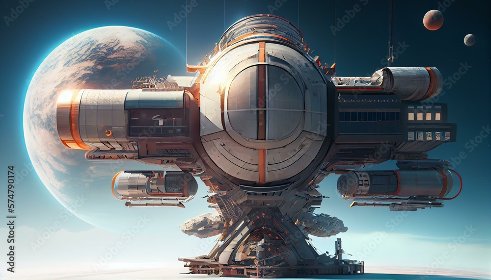 A futuristic space station with a sleek and minimalistic design ...