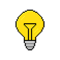 Poster - Pixel art light bulb. 8-bit bulb icon concept for idea, thinking, creativity, brainstorming, solution. Logo design. Vector illustration