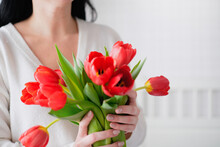 International Womens Day.Close-up Of A Woman In A White Sweater With A Bouquet Of Red Tulips