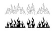 Classic silhouette flame. Black fire set isolated on white background. Old school tattoo neo-tribal style or silhouette flame for cars. Minimalistic stylish fire outline and filled contour. Vector set