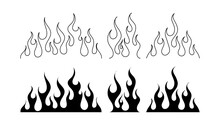 Classic Silhouette Flame. Black Fire Set Isolated On White Background. Old School Tattoo Neo-tribal Style Or Silhouette Flame For Cars. Minimalistic Stylish Fire Outline And Filled Contour. Vector Set