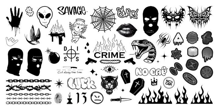 Wall Mural -  - Crime elements, graphic set gang tattoo, brutalism elements, trendy urban symbols, y2k, abstract geometric shapes, gangsta tattoo. Typographic, t-shirt, streetwear, prints underground graphic box.
