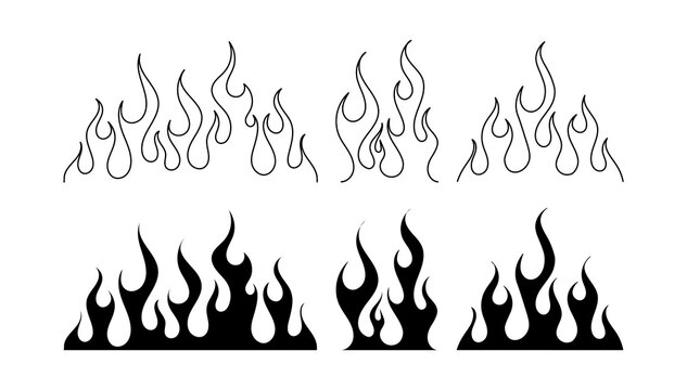 Wall Mural -  - Classic silhouette flame. Black fire set isolated on white background. Old school tattoo neo-tribal style or silhouette flame for cars. Minimalistic stylish fire outline and filled contour. Vector set