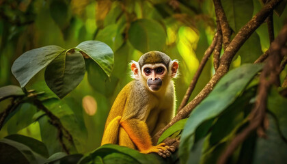 Wall Mural - look at squirrel monkey in ecuadorian jungle in amazon generative ai