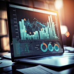 Poster - Data growth graph and progress of business and analyzing financial and investment information, business planning and strategy on blue background, generative ai