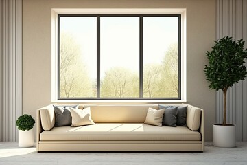 Poster - Beige sofa and traditional panel wall mockup in a modern luxury room with windows overlooking a scene of greenery and blue sky. White window in modern living room design. illustration. Generative AI