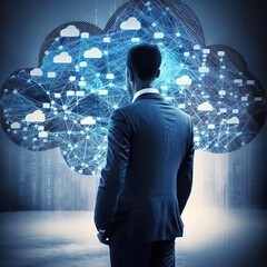 Poster - Businessman connects to data information via the cloud computing network and connectivity technologies, as well as cloud computing and network security, generative ai