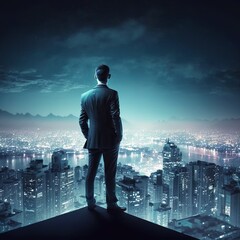 Poster - business technology, At night, a professional businessman walks on a future city background with a futuristic interface graphic in a cyberpunk color style, generative ai