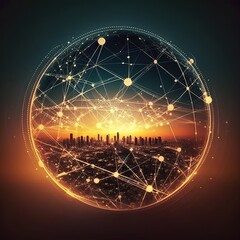 Poster - global network connections and data transfers in a circle on a sunset background science, innovation, generative ai 