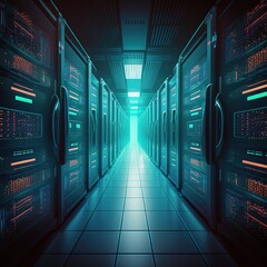 Poster - Corridor in Working Data Center Full of Rack Servers and Supercomputers with Cloud Storage Advantages , generative ai