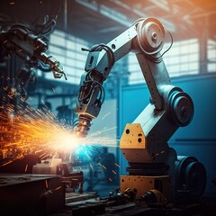 Poster - Industrial welding robots, robotic arms at work in a futuristic factory, generative ai