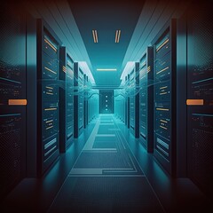 Poster - Corridor in Working Data Center Full of Rack Servers and Supercomputers with Cloud Storage, generative ai  