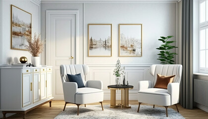 white living room interior with two armchairs and coffee table, dresser with art decoration, carpet 