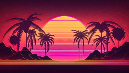 Wall Mural - 80s Retro Neon gradient background. Palms and sun. Tv glitch effect. Sci-fi beach generative ai