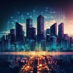 Poster - Digital city concept. Artificial Intelligence technology in smart city, generative ai  
