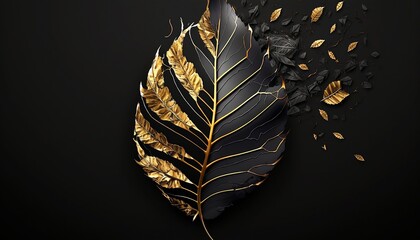 Wall Mural - Wallpaper of a black leaf transforming into a golden leaf