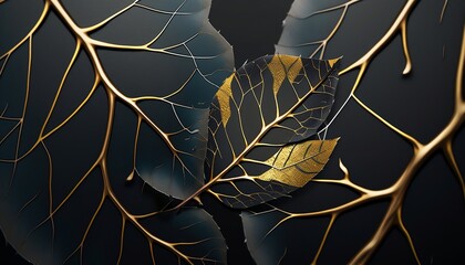 Wall Mural - Wallpaper of a black leaf transforming into a golden leaf