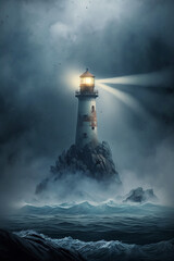  Lighthouse shining in the middle of foggy sea generative AI