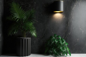 Sticker - black marble wall with 3 black ceiling lamps and potted plant. Front view, copy space,. Generative AI