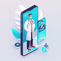 Poster - Concept of telemedicine using a hand-held smartphone to connect a doctor to a patient via a virtual reality medical interface, generative ai