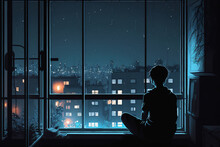 Anime Guy Sitting On Window And Looking At The Night City. 