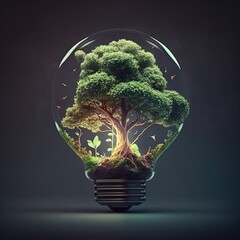 Canvas Print - Light bulb with green tree inside with energy resources icon. Electricity and energy saving concept. Sustainable development, ecology and environment protect, Earth day, Generative AI