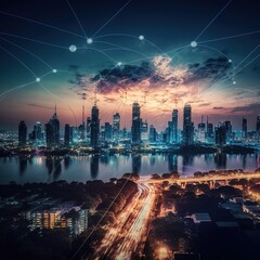 Poster - Technology connecting, smart cities connect with the aesthetic and line Complex wave line design and the idea of a big data connection, generative ai 