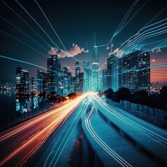 Poster - Modern city with wireless network connection and city scape concept.Wireless network and Connection technology concept with city background at night, generative ai
