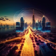 Poster - Modern city with wireless network connection and city scape concept.Wireless network and Connection technology concept with city background at night, generative ai