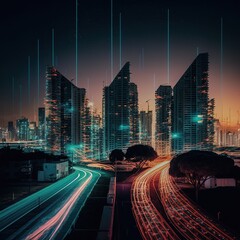Poster - Modern city with wireless network connection and city scape concept.Wireless network and Connection technology concept with city background at night, generative ai