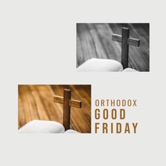 Canvas Print - Collage of cross and bible on table and orthodox good friday text on white background