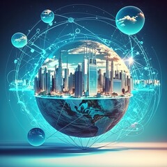 Poster - Smart city technology with network communication The internet of things. Hologram internet concept for global business, generative ai