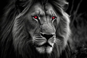 black and white lion with red eyes made with generative ai