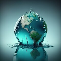 Poster - World water day. Realistic drop of water falling on blue sea background, generative ai