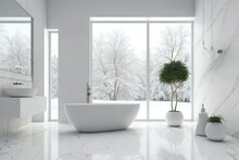 White Bathtub And Tiled Floor In A Corner Bathroom With A Panoramic White Wall. There Was A Rug On The Floor And A Lovely View. A Wall Model. Generative AI