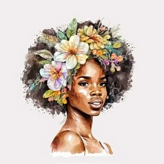 african woman with flower digital drawing with watercolor style illustration. generative ai