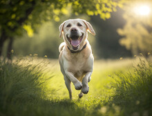 Active, Smile And Happy Purebred Labrador Retriever Dog Outdoors In Grass Park On Sunny Summer Day.