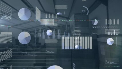 Poster - Animation of screens with data processing against empty warehouse