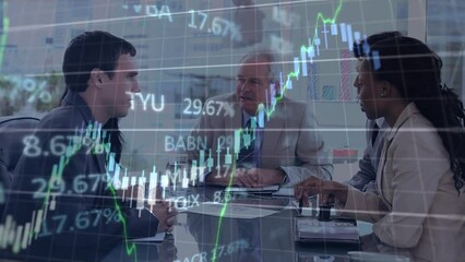 Poster - Animation of financial data processing over diverse businesspeople high fiving each other at office