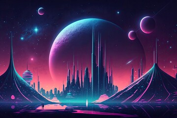 Cosmic city space holographic background. Planet moon violet futuristic abstract landscape Generative AI