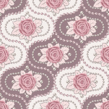 Seamless Vintage Damask Pattern With With Pale Pink Vintage Roses, Leaves, Pearl Strings, Pearls Beads. Classic Diagonal Background. Vector Delicate Illustration. Wedding, Romantic Decoration.