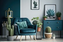 A Fashionable Blue And Navy Toilet, Cacti In A Lastrico Pot, A Design Recliner With A Pillow, A Cube, And Elegant Personal Accessories Complete The Interior Design Of This Retro-modern Living Room