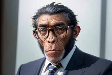 Portrait of antropomorhic chimpanzee ape in a suit and tie in role of a businessman. Detailed digital art, photorealism. AI generated