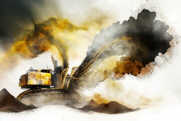 Poster - nickel mining in south sulawesi, indonesia, sees a backhoe load hot, smoky slag particles into a dum