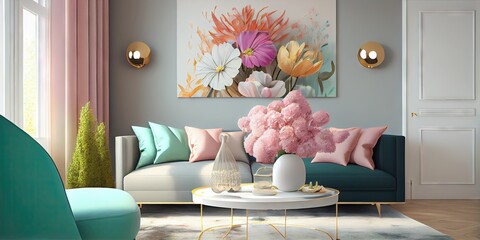 Wall Mural - Pastel-colored modern living room with spring floral designs throughout for the spring season