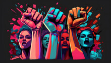 United And Standing Strong, Vector Illustration Of The Feminist March On International Women's Day